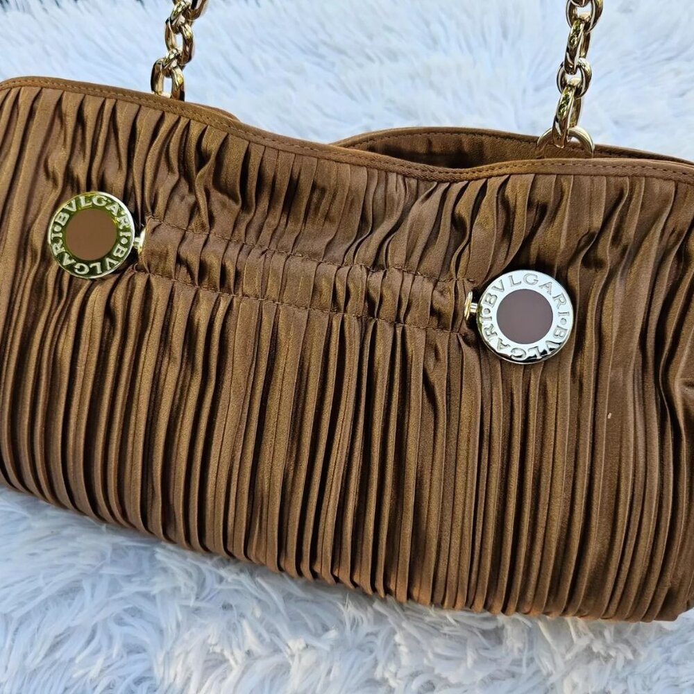 BVLGARI Handbag Metallic Brown Pleated Satin Clutch Gold Tone Hardware Purse - Picture 3 of 12